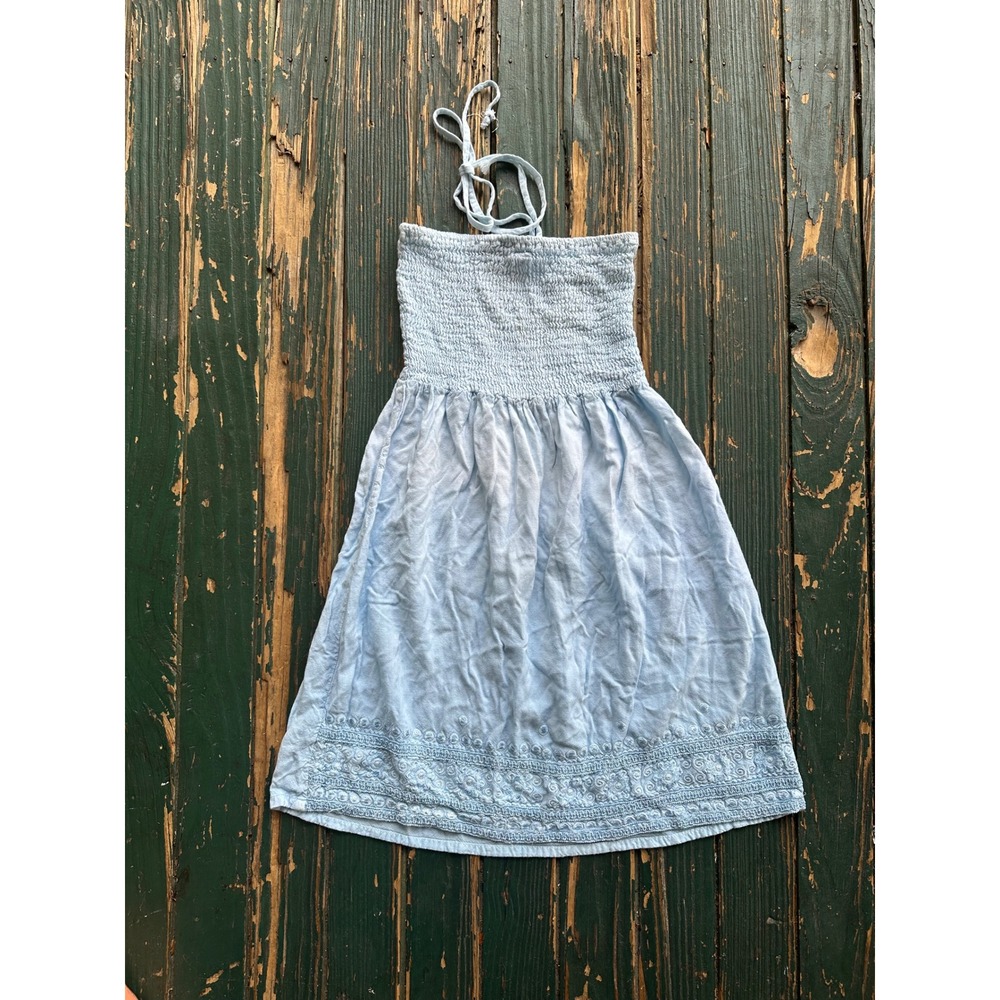 Maya Sun Light Blue Smocked Halter Dress Embroidered Hem Cotton Rayon Small